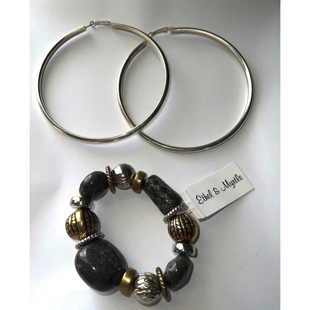 Ethel & Myrtle Stretch Bracelets & Silver-tone Large Hoop Earrings